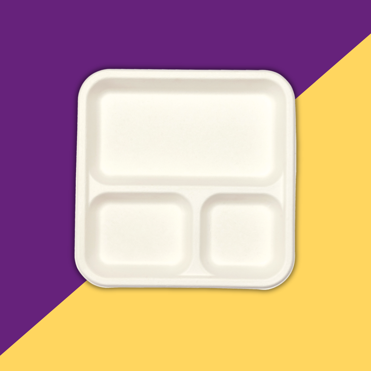 White three-compartment food tray on a purple and yellow background