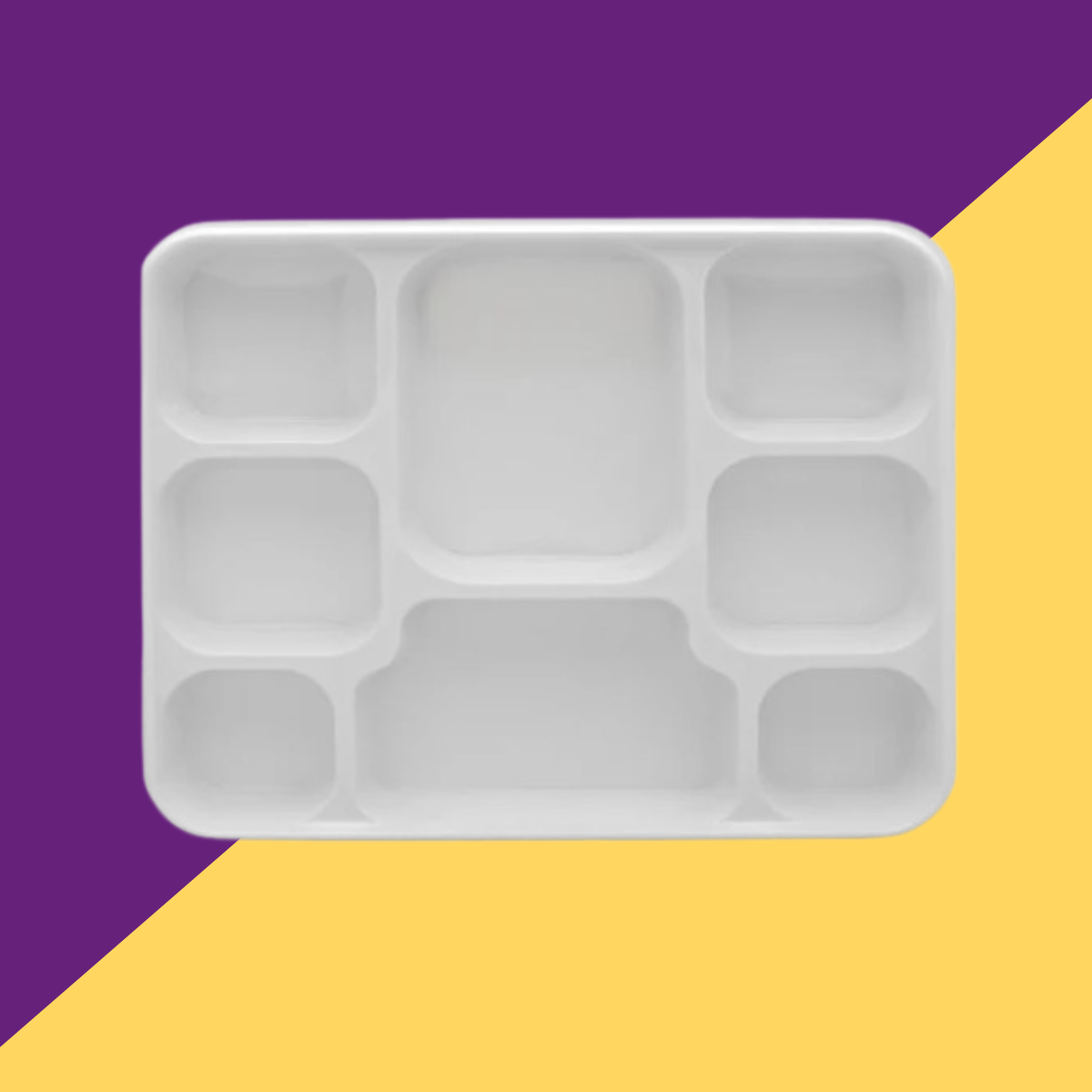 White 8 compartmentalized tray on a purple and yellow background