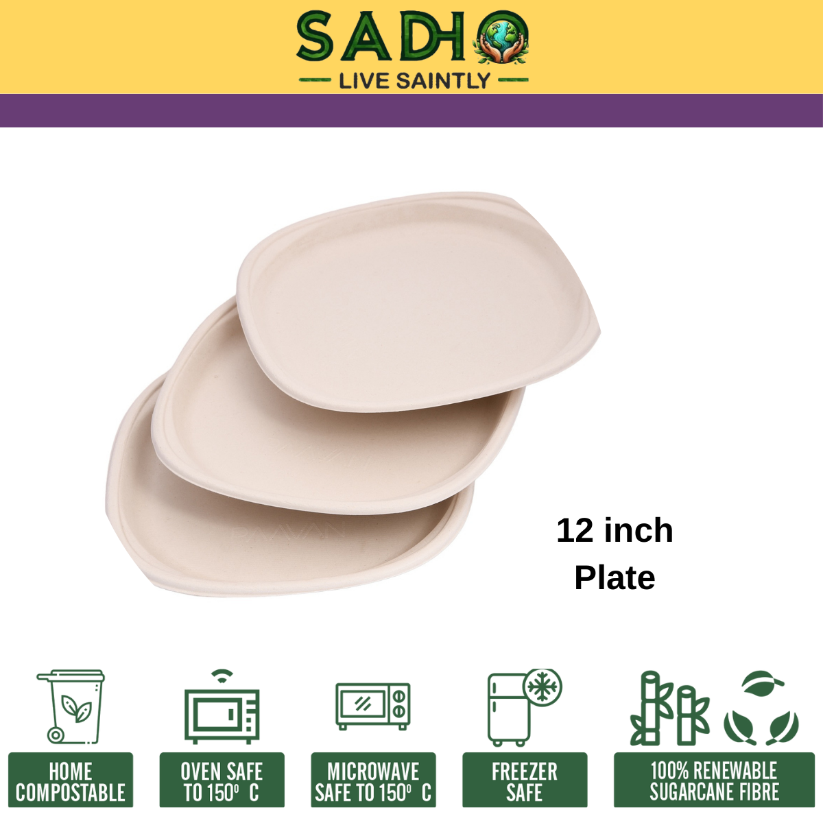 12 inch (30.5cm) Plates (Square) Bagasse (Brown)