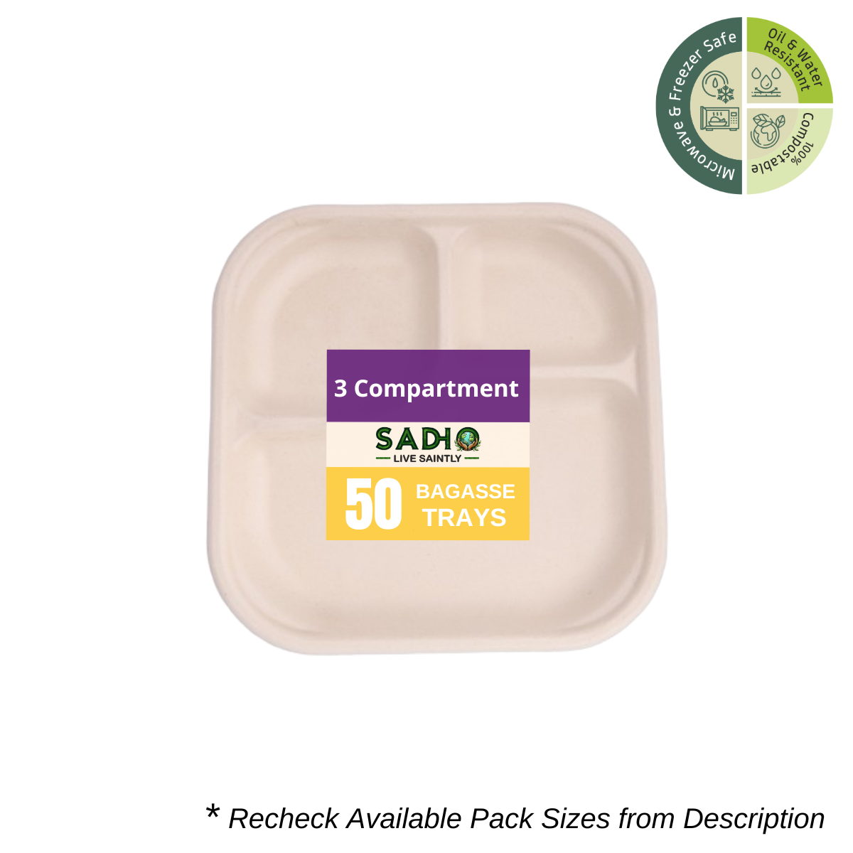 3 Compartment Meal Tray Bagasse (Brown)