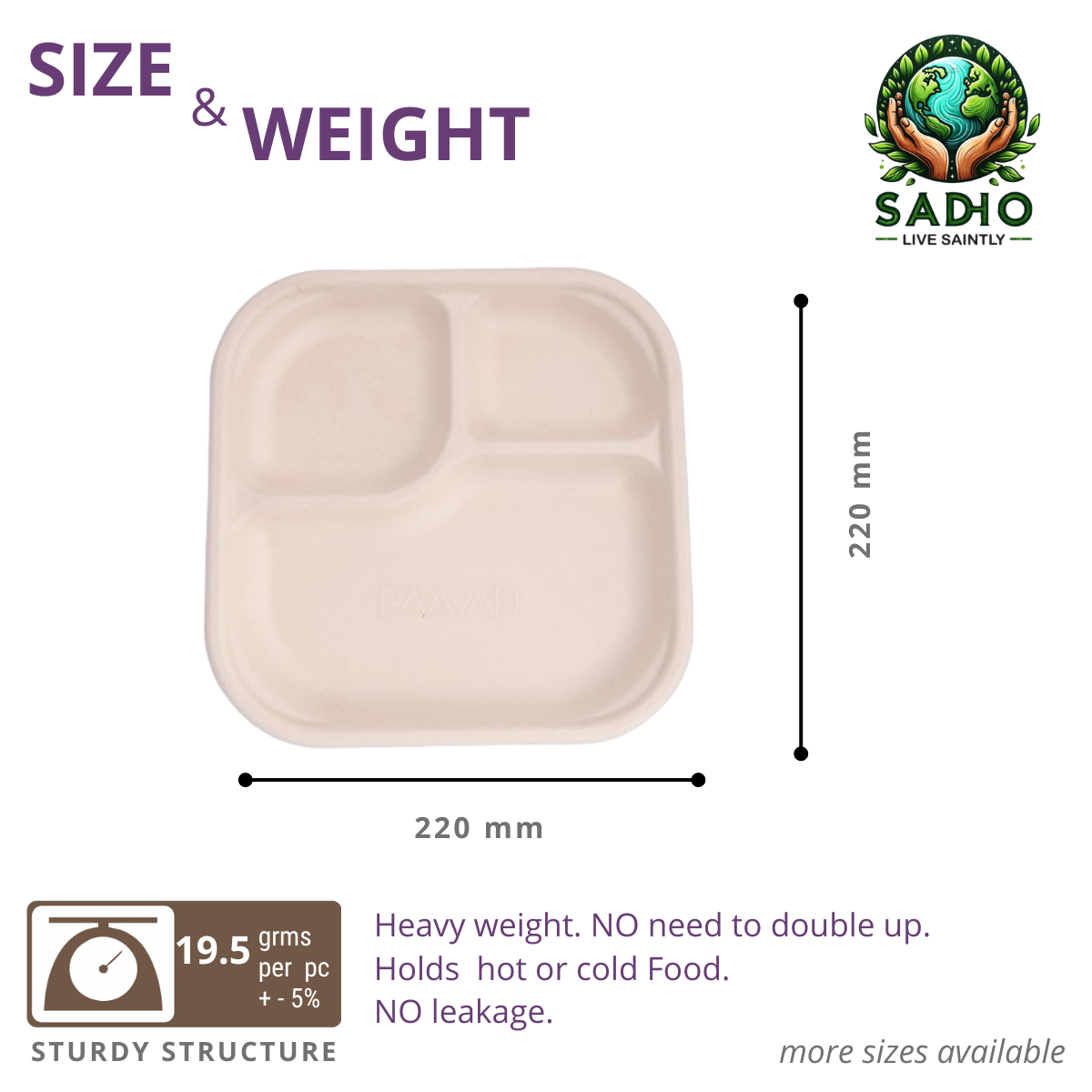 3 Compartment Meal Tray Bagasse (Brown)