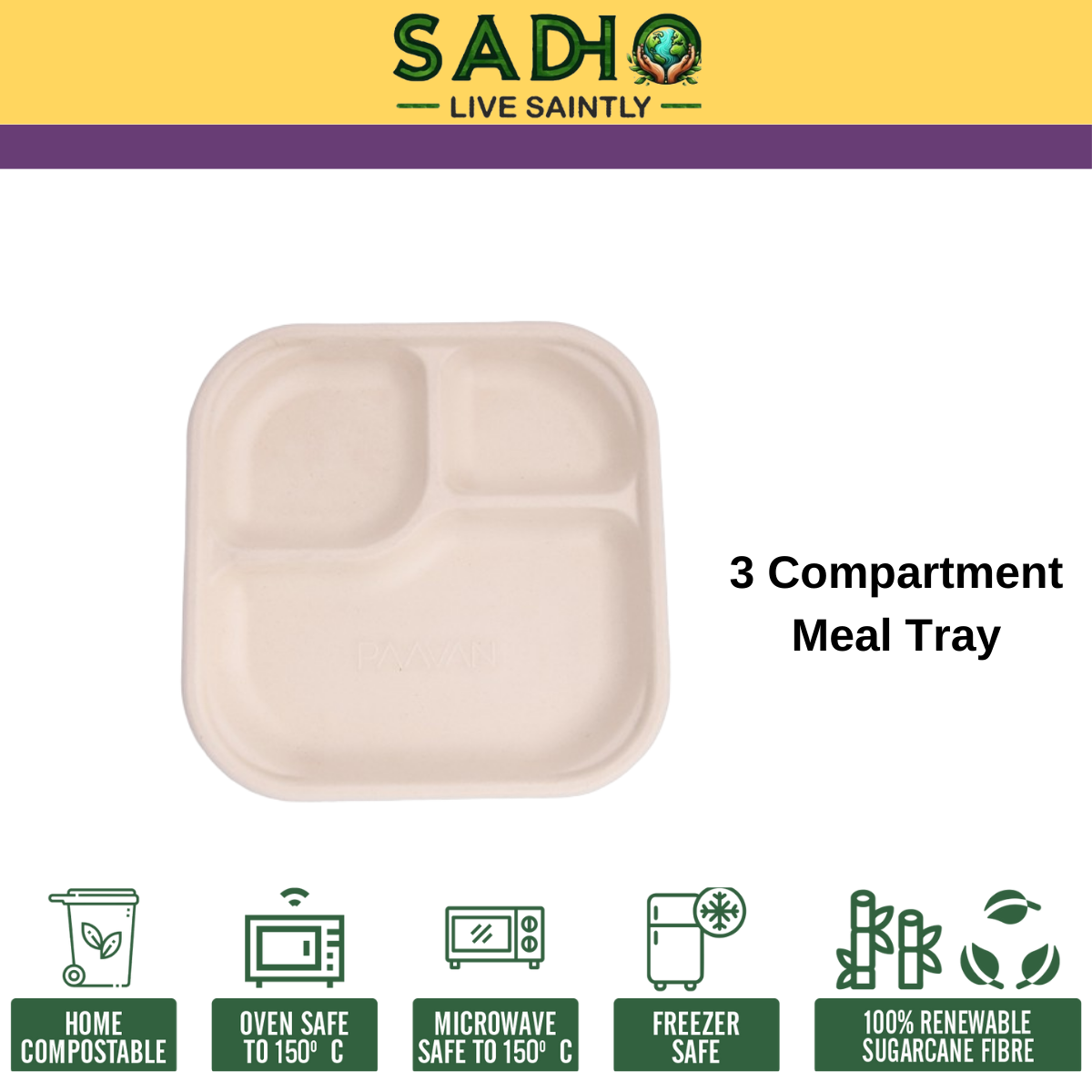 3 Compartment Meal Tray Bagasse (Brown)