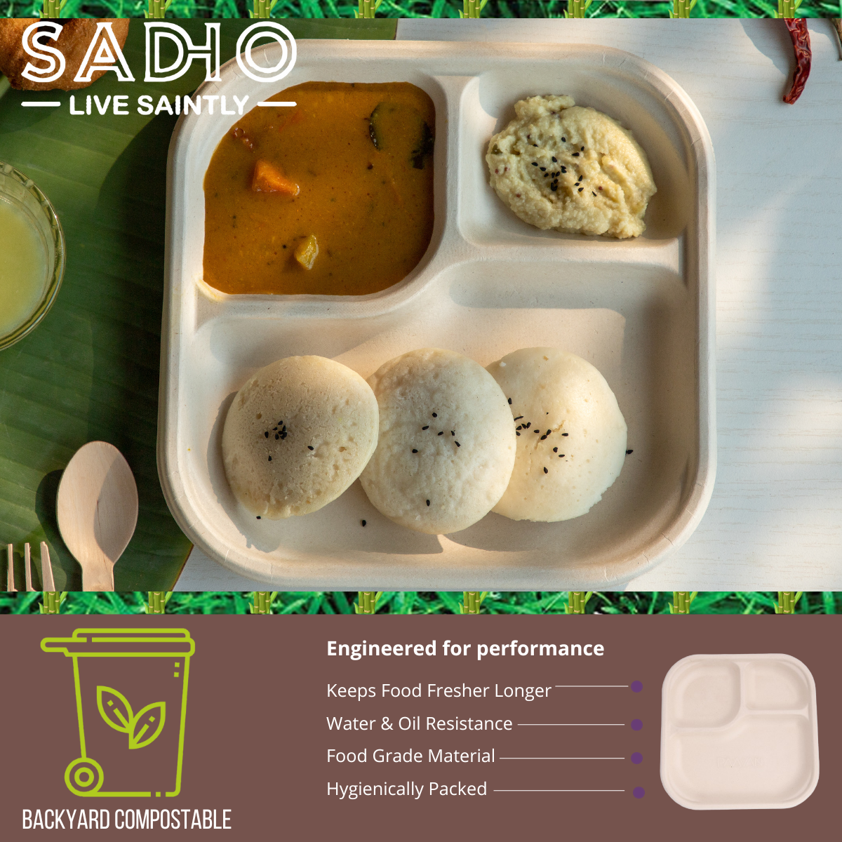 3 Compartment Meal Tray Bagasse (Brown)