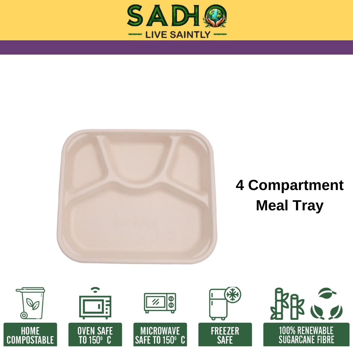 4 Compartment Meal Tray Bagasse (Brown)