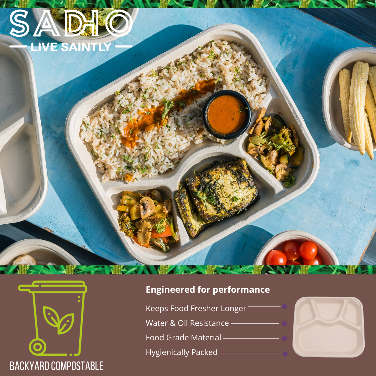 4 Compartment Meal Tray Bagasse (Brown)