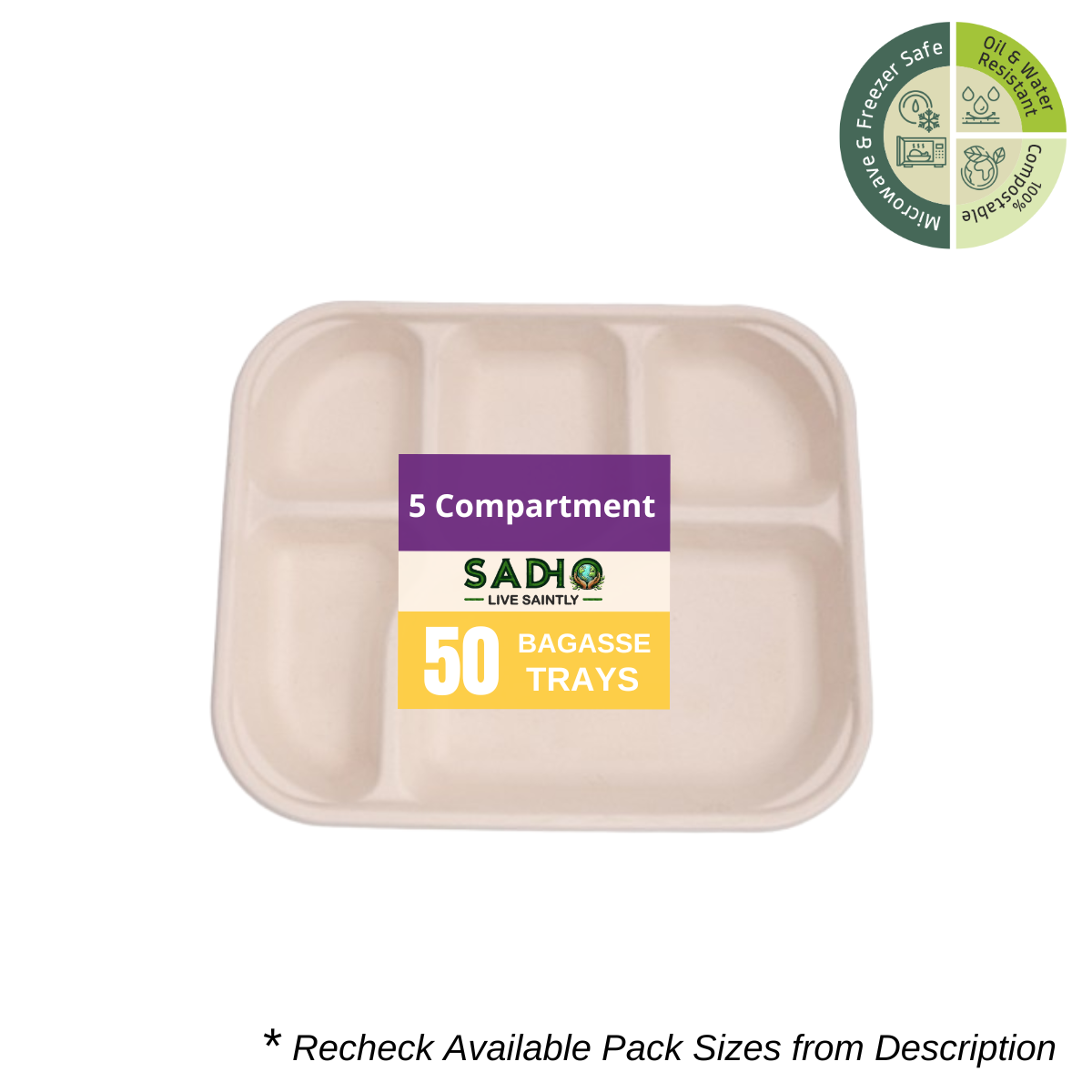 5 Compartment Meal Tray Bagasse (Brown)