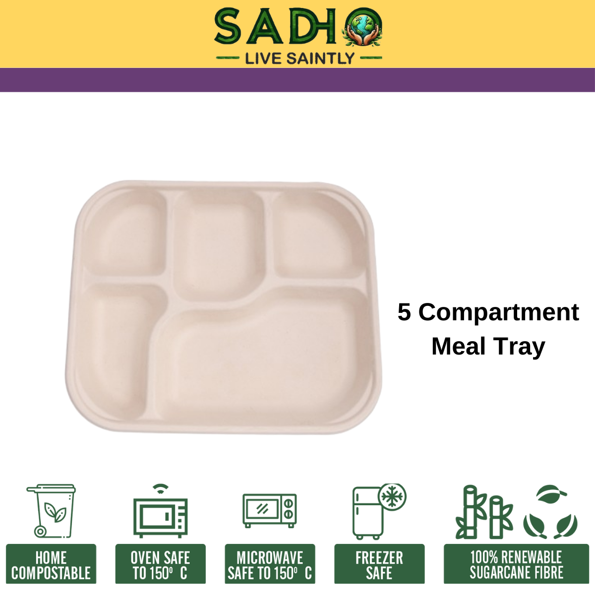 5 Compartment Meal Tray Bagasse (Brown)