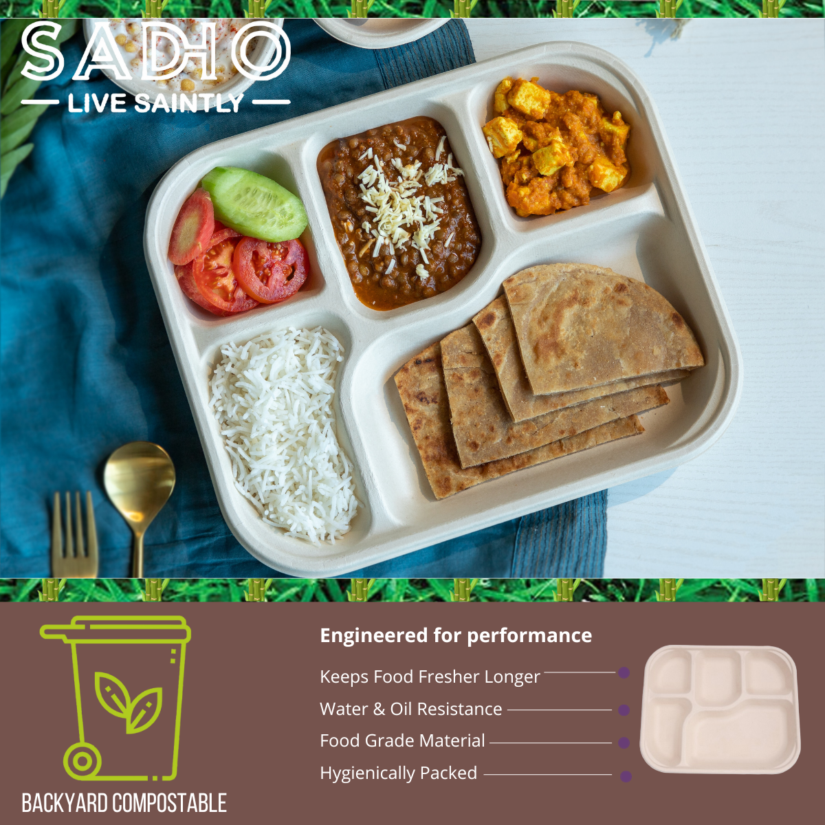 5 Compartment Meal Tray Bagasse (Brown)