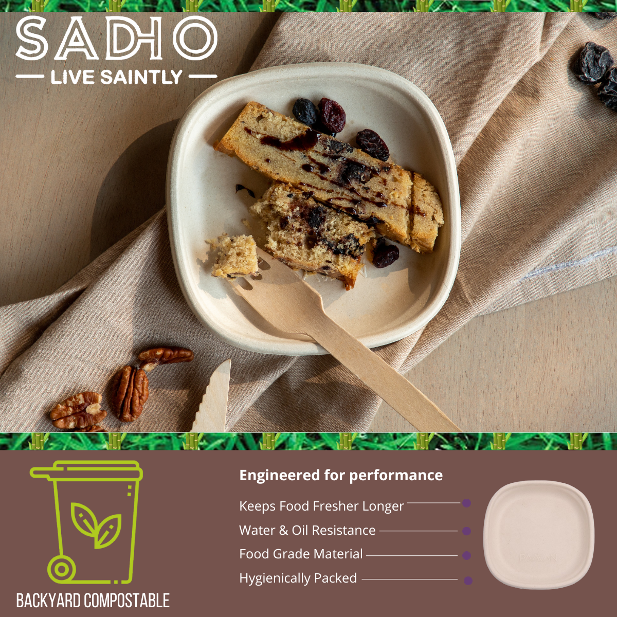 7 inch (16.2cm) Plates (Square) Bagasse (Brown)