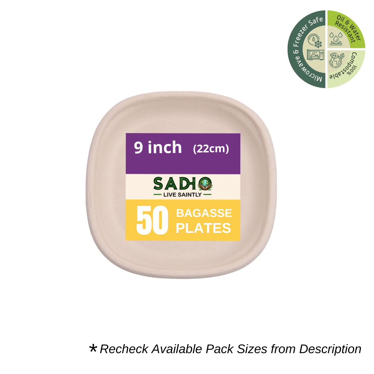 9 inch (23cm) Plates (Square) Bagasse (Brown)