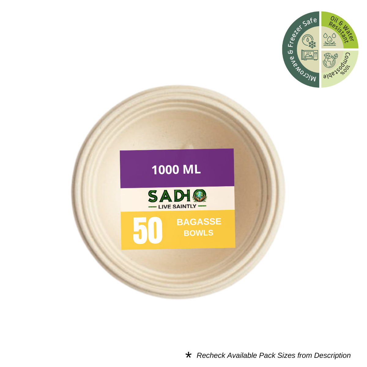 1000 ml (32oz) Round Bowl Bagasse (Brown)