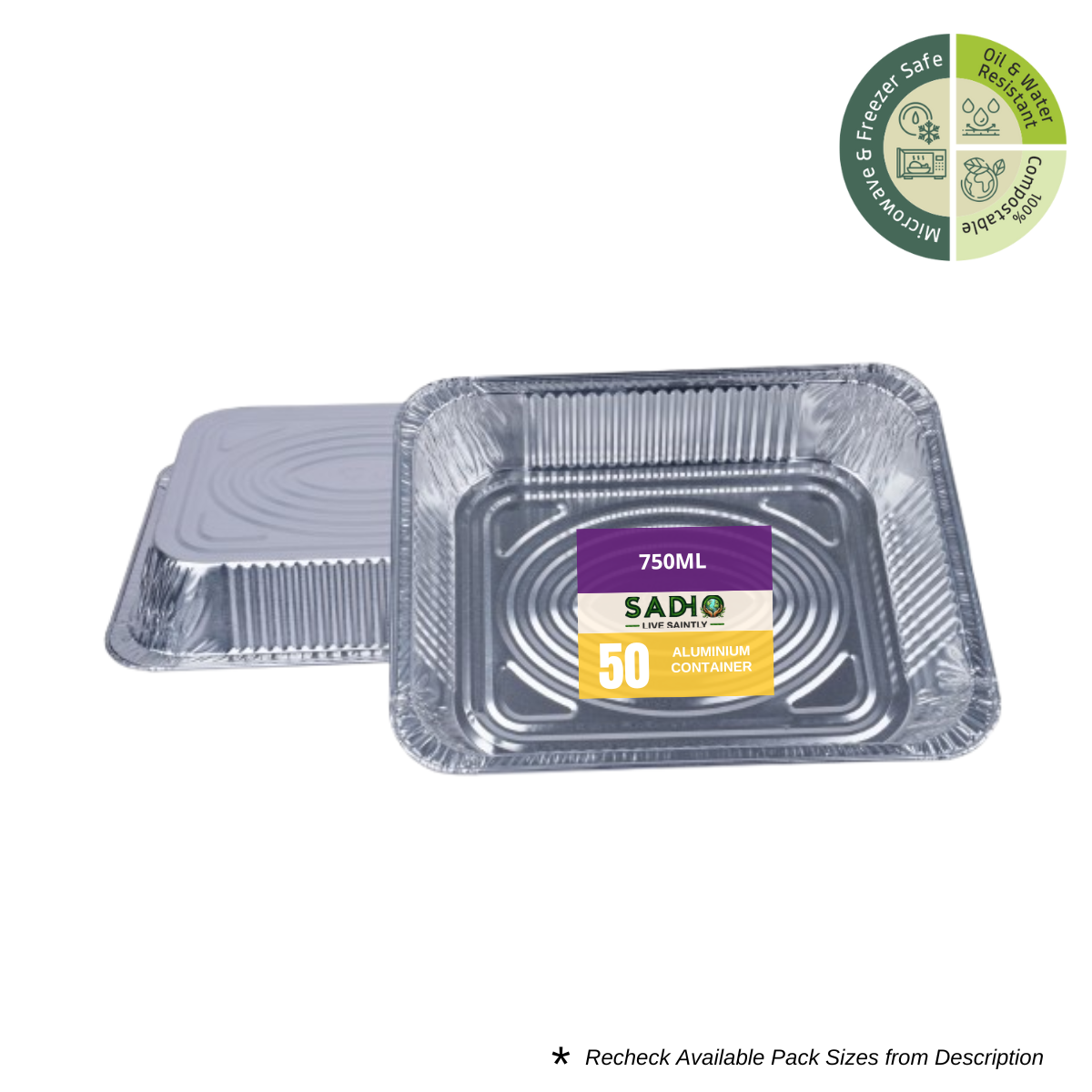 Sadho 750ml (25.3oz) Aluminium Foil Containers for Food Packing, Ovensafe Baking Containers, Food parcel boxes