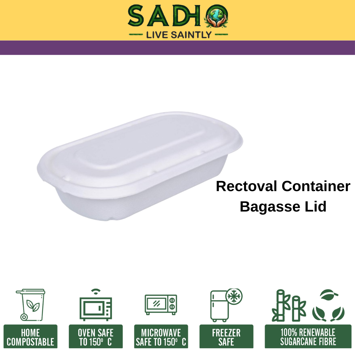 Common Lid for 500 ml, 750 ml & 1000 ml Containers (Rectoval) Bagasse (White)
