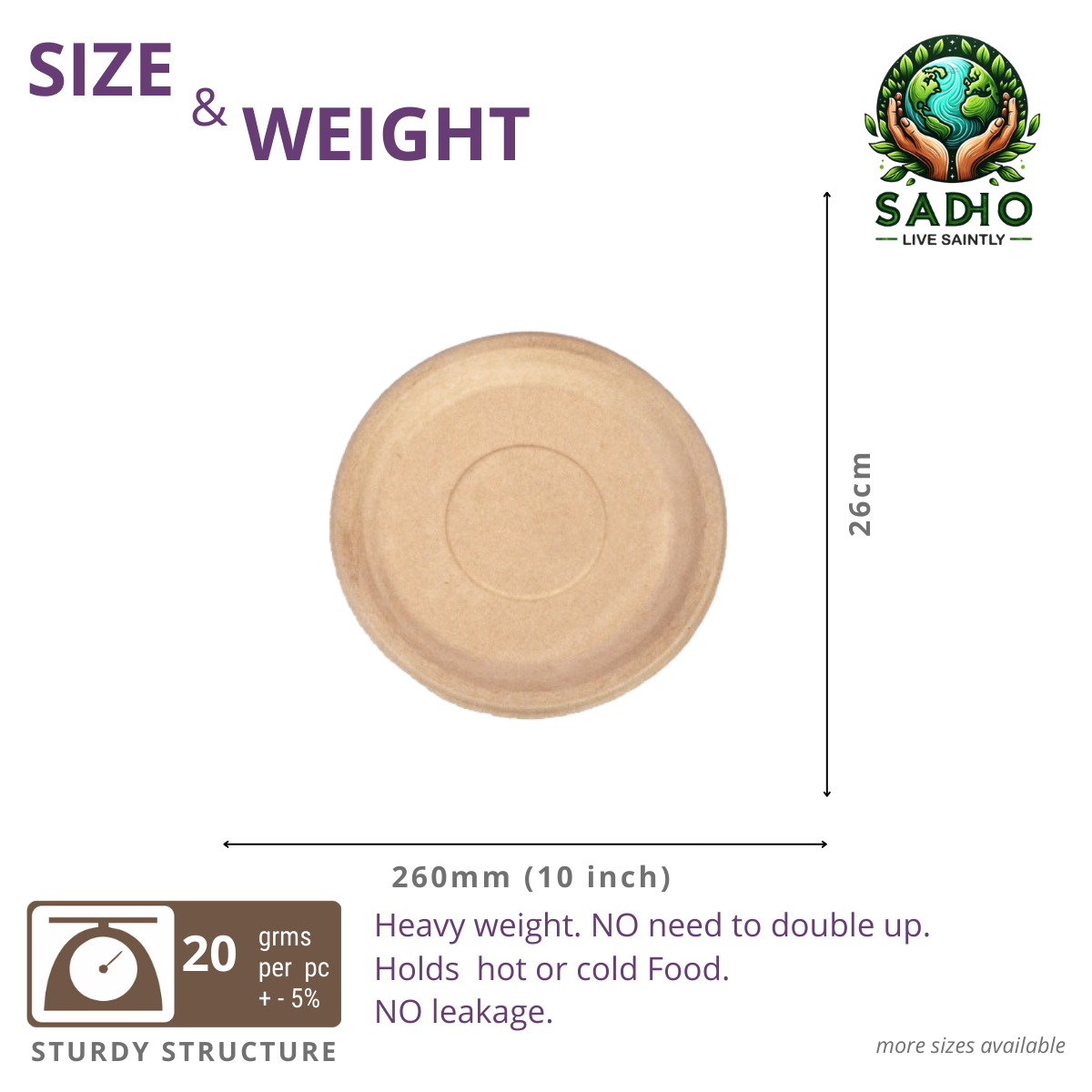 10 inch (26cm) Plates (Round) Bagasse (Brown)