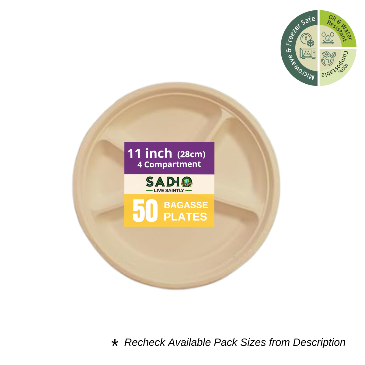 11 inch (28cm) Plates with 4 Compartments (Round) Bagasse (Brown)