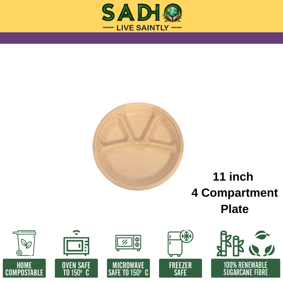 11 inch (28cm) Plates with 4 Compartments (Round) Bagasse (Brown)