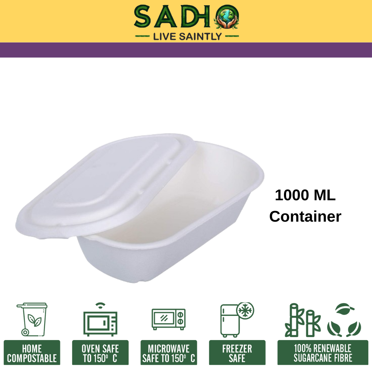 34oz (1000 ml) containers (Rectoval) made of Bleached White Bagasse