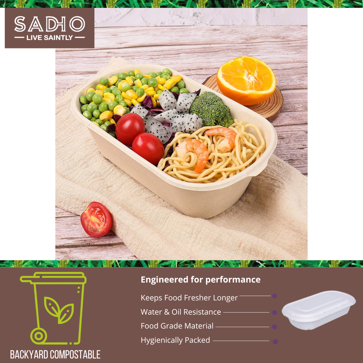 34oz (1000 ml) containers (Rectoval) made of Bleached White Bagasse