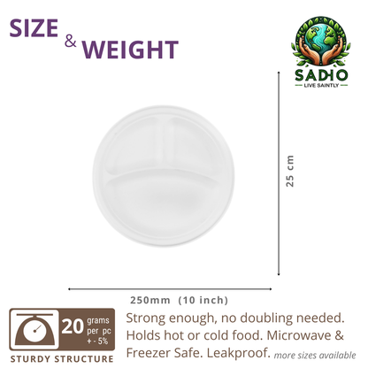 10 inch (25cm) plates with 3 Compartments (Round) made of Bleached White Bagasse