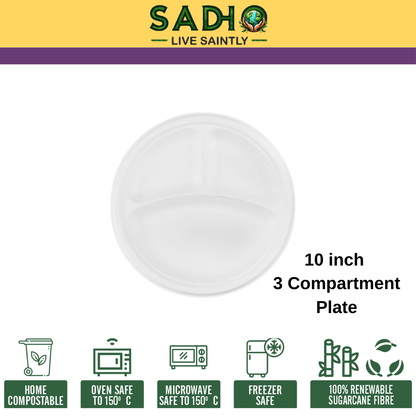 10 inch (25cm) plates with 3 Compartments (Round) made of Bleached White Bagasse