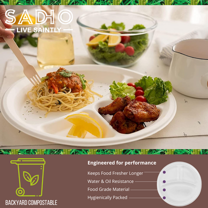 10 inch (25cm) plates with 3 Compartments (Round) made of Bleached White Bagasse