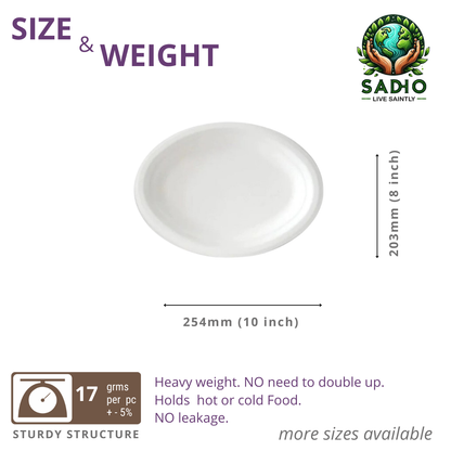 10x8 inch (25x20cm) plates (Oval) made of Bleached White Bagasse