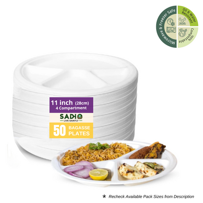 11 inch (28cm) plates with 4 Compartments (Round) made of Bleached White Bagasse