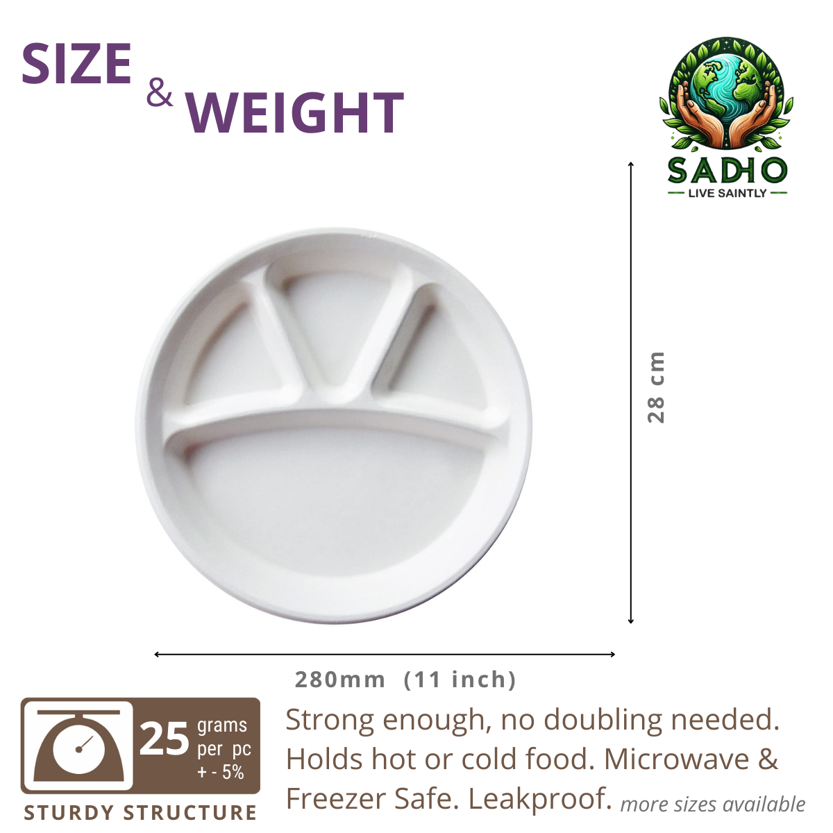 11 inch (28cm) plates with 4 Compartments (Round) made of Bleached White Bagasse