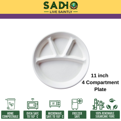 11 inch (28cm) plates with 4 Compartments (Round) made of Bleached White Bagasse