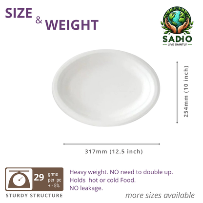 12.5x10 inch (32x25cm) plates (Oval) made of Bleached White Bagasse