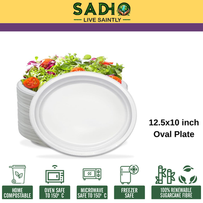 12.5x10 inch (32x25cm) plates (Oval) made of Bleached White Bagasse