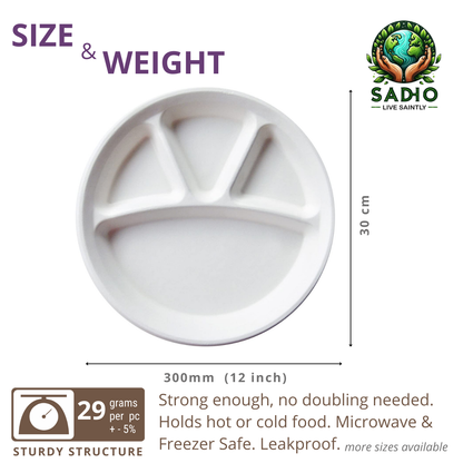 12 inch (30.5cm) plates with 4 Compartments (Round) made of Bleached White Bagasse