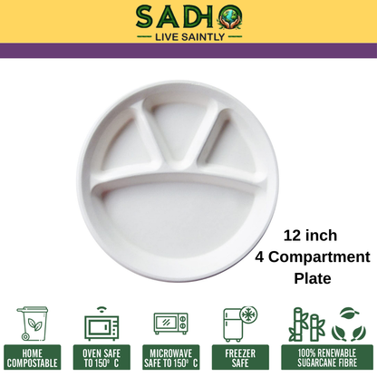 12 inch (30.5cm) plates with 4 Compartments (Round) made of Bleached White Bagasse