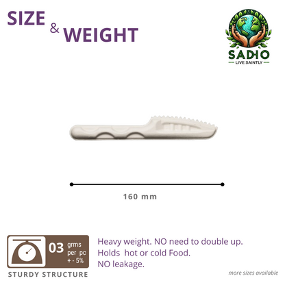 160 mm (16cm) Knife made of Bleached White Bagasse