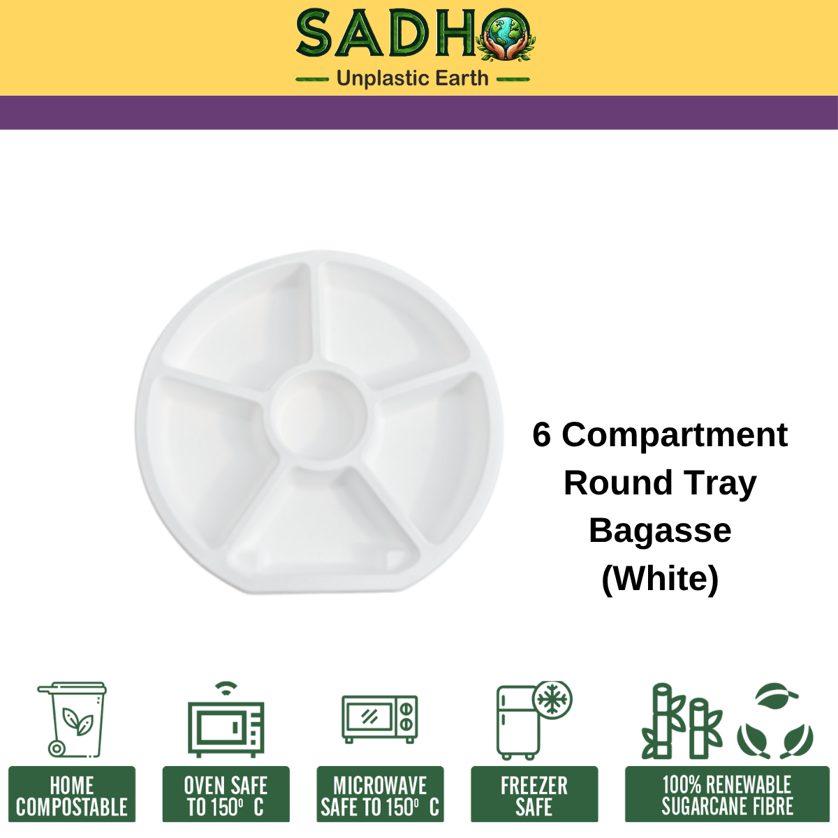 6 Compartment Round Tray Bagasse (White)