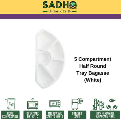 5 Compartment Half Round Tray Bagasse (White)