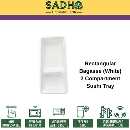 Rectangular Bagasse (White) 2 Compartment Sushi Tray