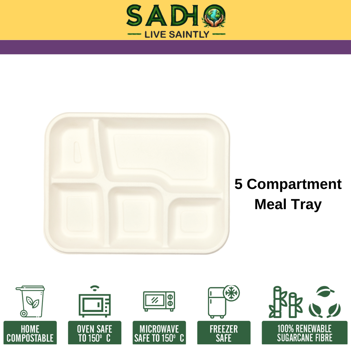 5 Compartment Meal Tray made of Bleached White Bagasse