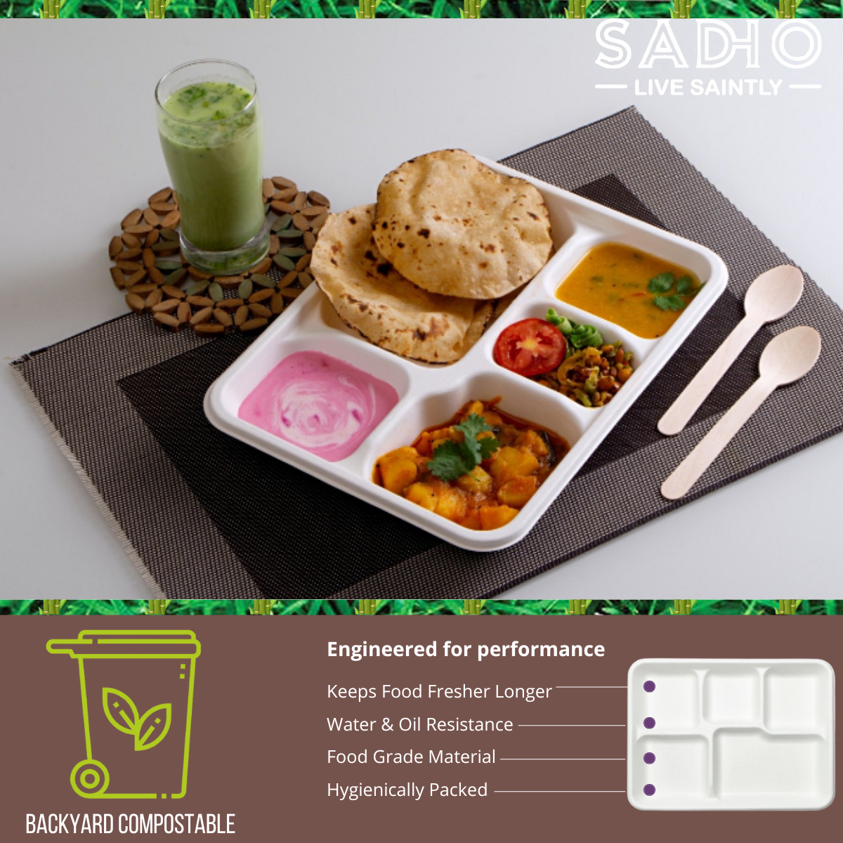 5 Compartment Meal Tray made of Bleached White Bagasse