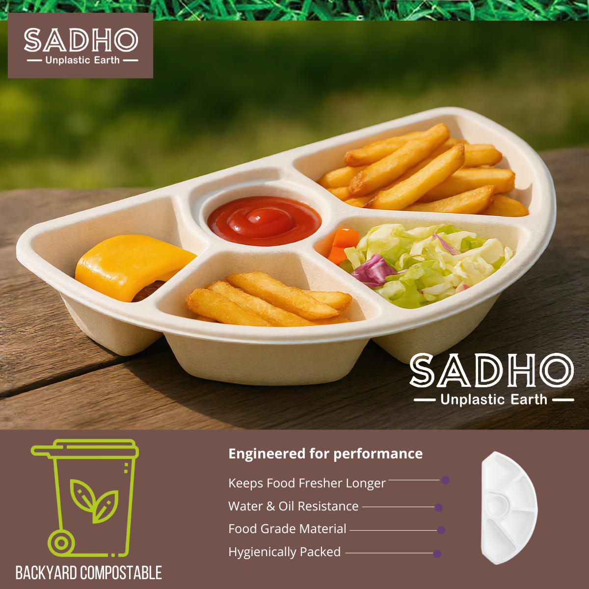 5 Compartment Half Round Tray Bagasse (White)