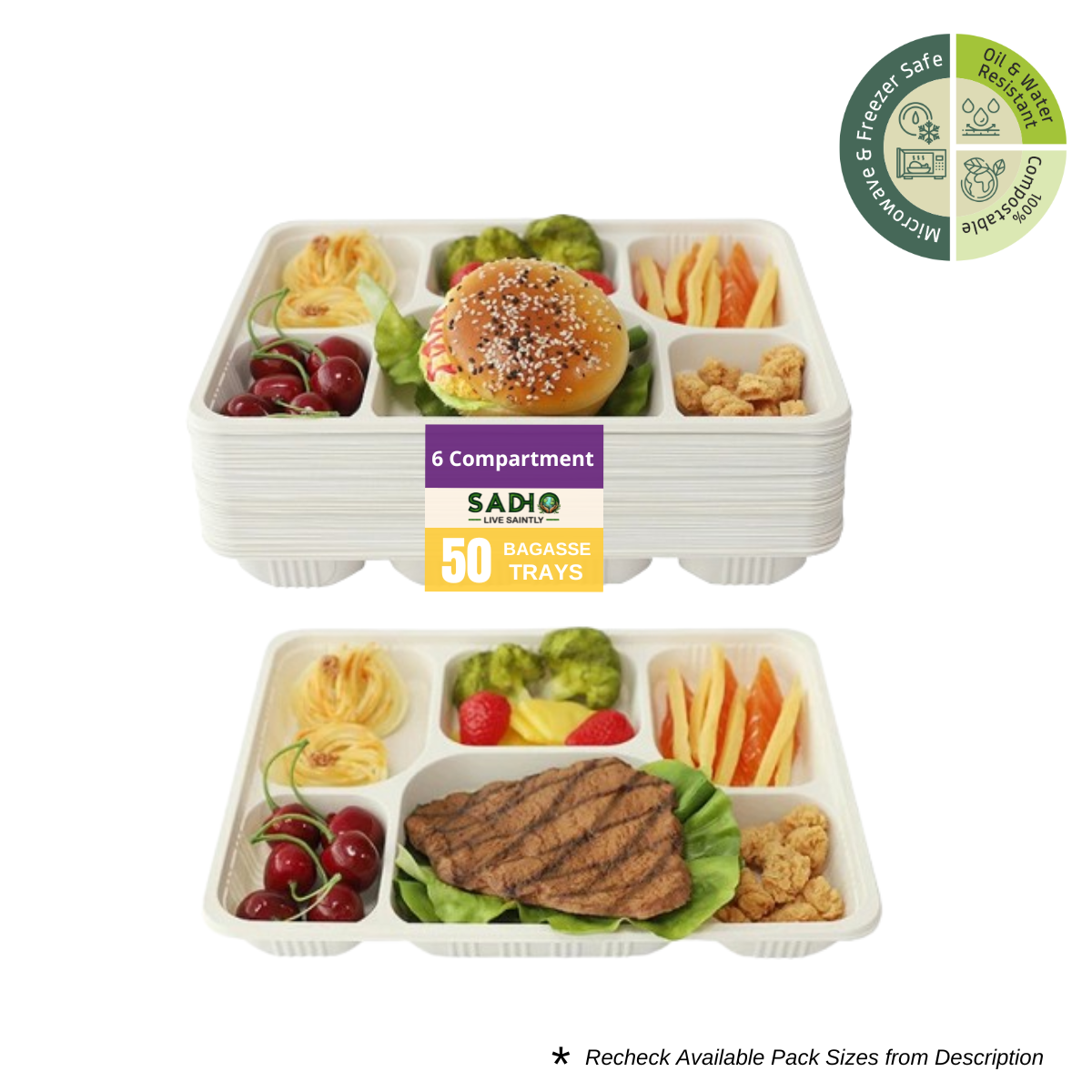 6 Compartment Meal Tray made of Bleached White Bagasse