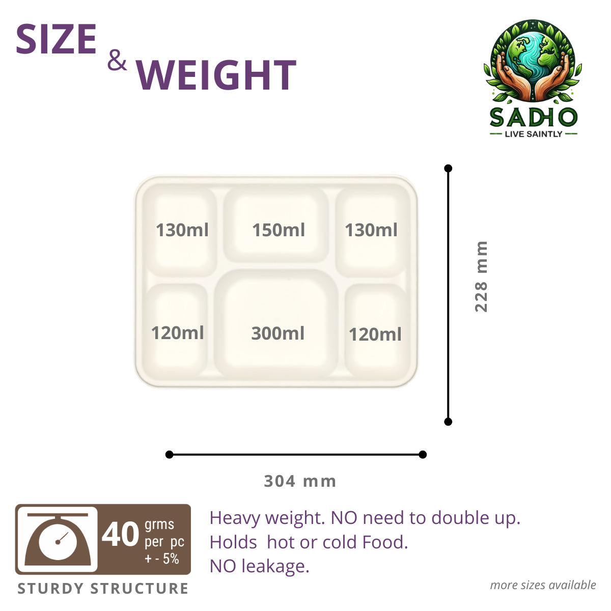 Sadho 6 compartment meal tray bagasse white compostable tray microwave freezer oil resistant Measurement