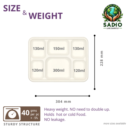 Sadho 6 compartment meal tray bagasse white compostable tray microwave freezer oil resistant Measurement