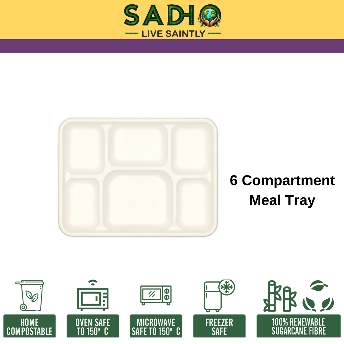 6 Compartment Meal Tray made of Bleached White Bagasse