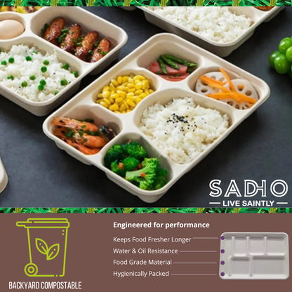 6 Compartment Meal Tray made of Bleached White Bagasse