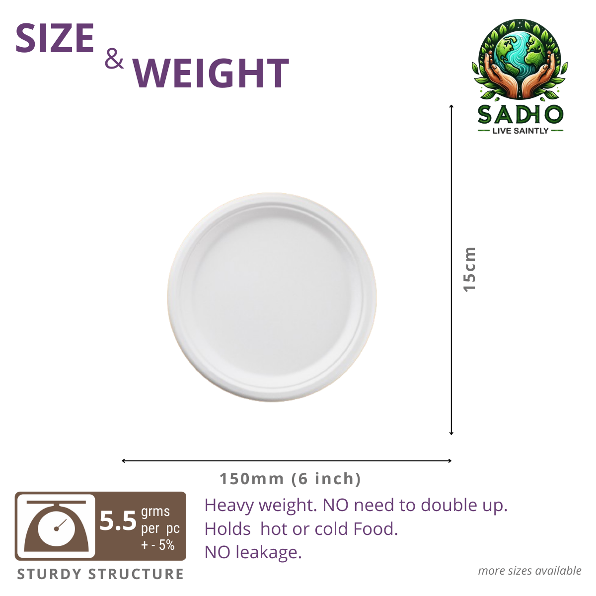 6 inch (15cm) plates (Round) made of Bleached White Bagasse