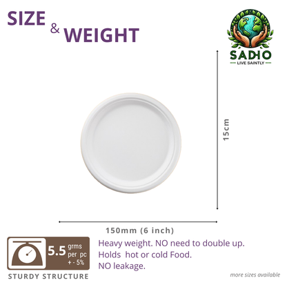 6 inch (15cm) plates (Round) made of Bleached White Bagasse