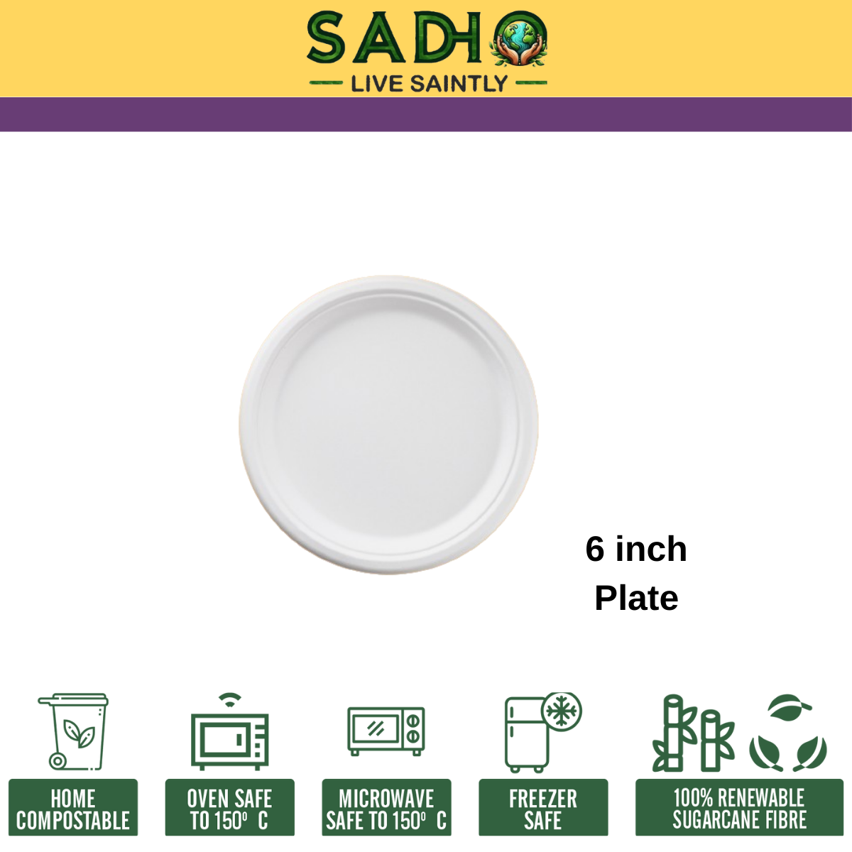 6 inch (15cm) plates (Round) made of Bleached White Bagasse