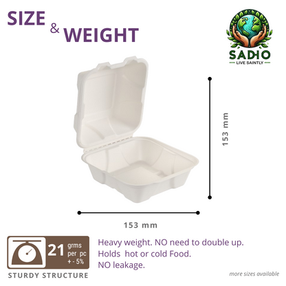 6 inch (15 cm) Clamshell  made of Bleached White Bagasse