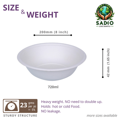 24oz (720 ml) bowls (Round) made of Bleached White Bagasse